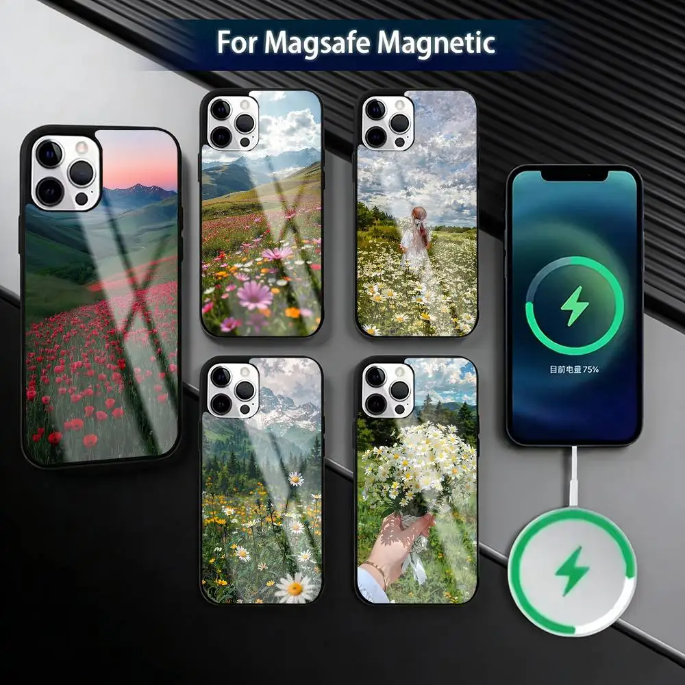 

Mountain Forest Natural Flowers Laser Phone Case For iPhone17,16,15,14,13,12,11 Plus,Pro Magnetic For Magsafe Wireless Charging