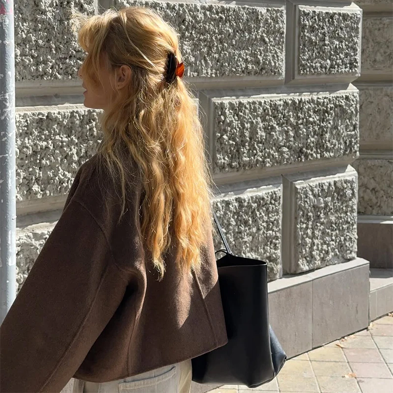 Übergroße Kurze Wolljacken für Damen mit Revers, Langen Ärmeln, Reißverschlusstaschen, Einfarbig, Locker Geschnitten, Schicke Herbst-Neuheiten Oberbekleidung – Detail 15