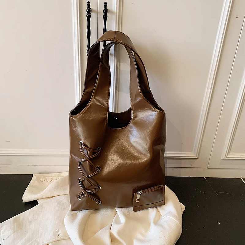 PU Solid Color Hasp Criss-cross Casual Tote 2025 Winter New Temperament Bags Design Sense Waterproof Durable Women's Handbags