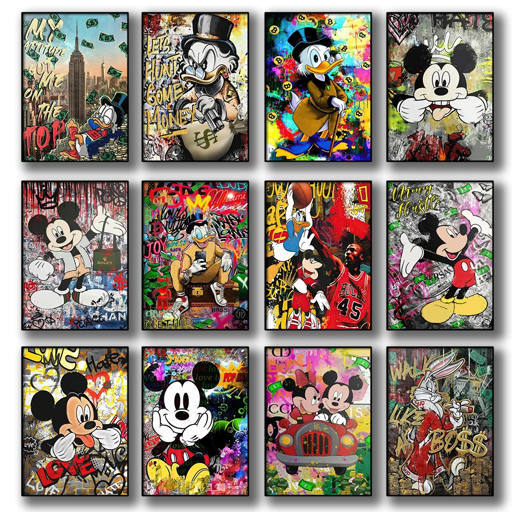 

MINISO Graffiti Fashion Mickey Dance Mouse Funny Canvas Prints Poster Pictures On Wall Art Decorative Painting For Living Room