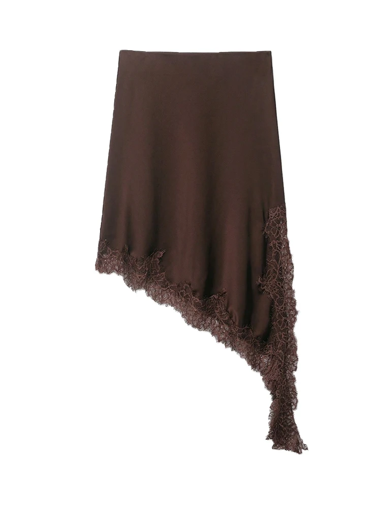 Fanan Women's High Waist Asymmetric Lace Skirt with Side Zipper Fashion Female Skirt Elegant Stain Design Mujer