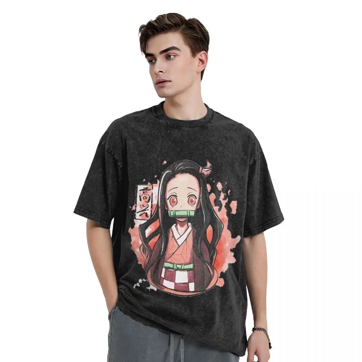 Happy Demon Slayers T Shirt Hip Hop Washed Cotton Harajuku T-Shirts Anime Nezuko Vintage Men Women Tops Streetwear Printed Tees