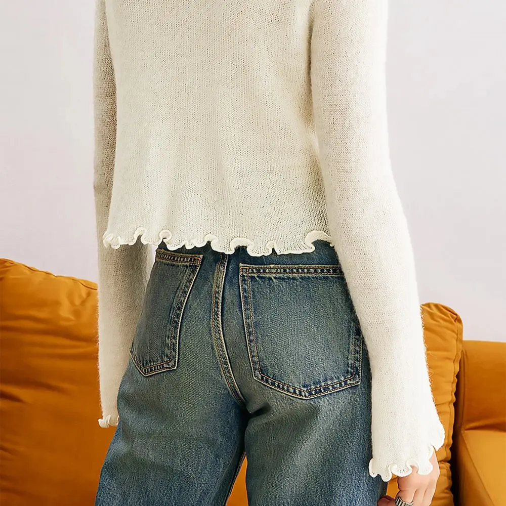 Sweater Rajut Wanita Model Slim Fit dengan Ruffle, Motif Bunga 3D, Atasan Rajut untuk Musim Gugur/Dingin, Gaya Baru Fashion untuk Wanita