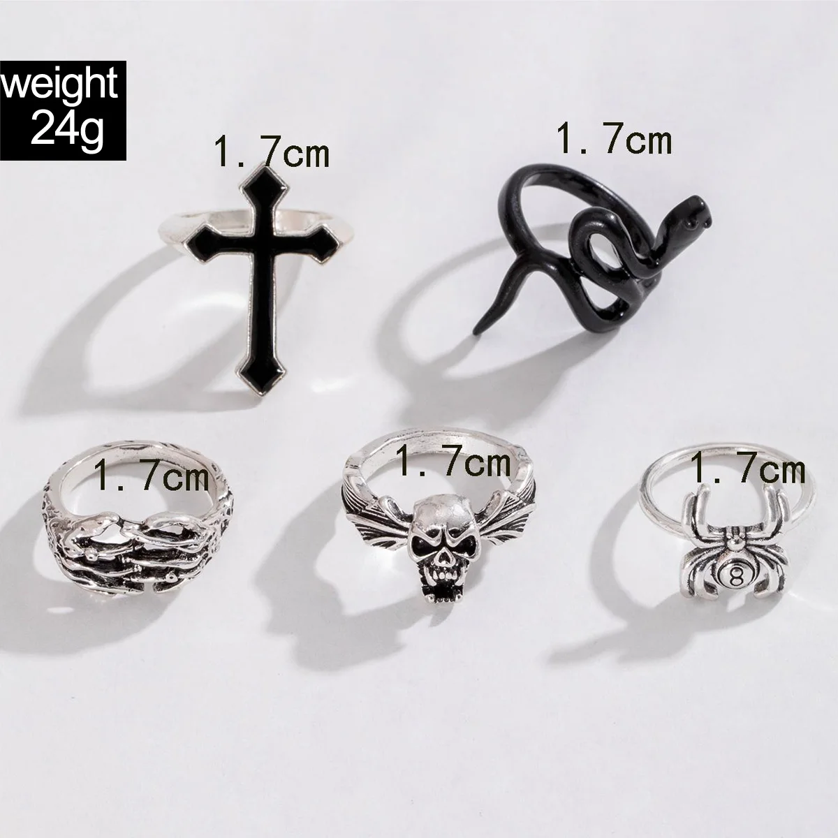 Tocona Gothic Silver Color Snake Cross Joint Rings for Unisex Trendy Spider Skeleton Rings Set Jewelry Party 5pcs/set 26009