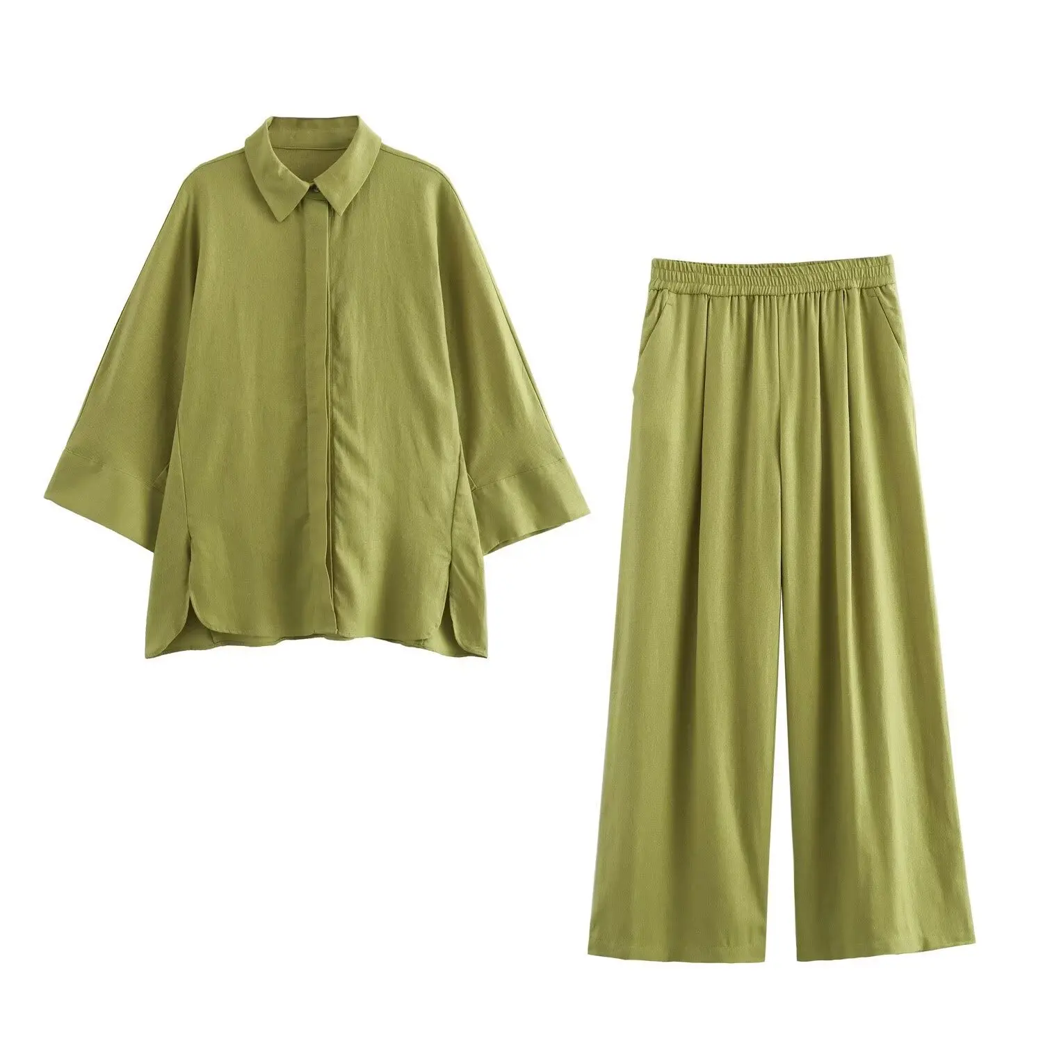 2025 ملابس نسائية قميص كتان فضفاض بنطال مستقيم مرن