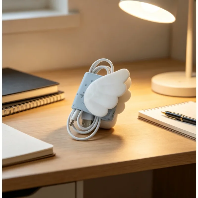 Cute Angel Wings Fabric Cable Manager Data Cable Storage Clip Hot Stamping Charging Cable Organizer Bag for Friends Gift