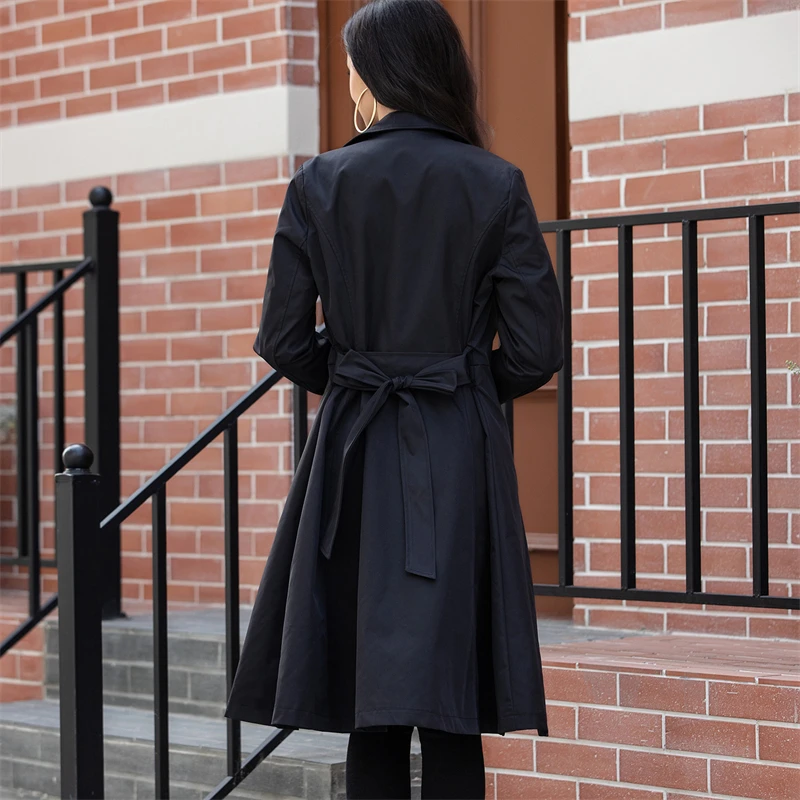 Chaqueta Cortavientos de Moda para Mujer, Otoño Invierno, Europa y Estados Unidos, Nueva, con Bolsillos, Delgada, con Correa, Abrigo Largo con Cuello de Solapa, Estilo Femenino