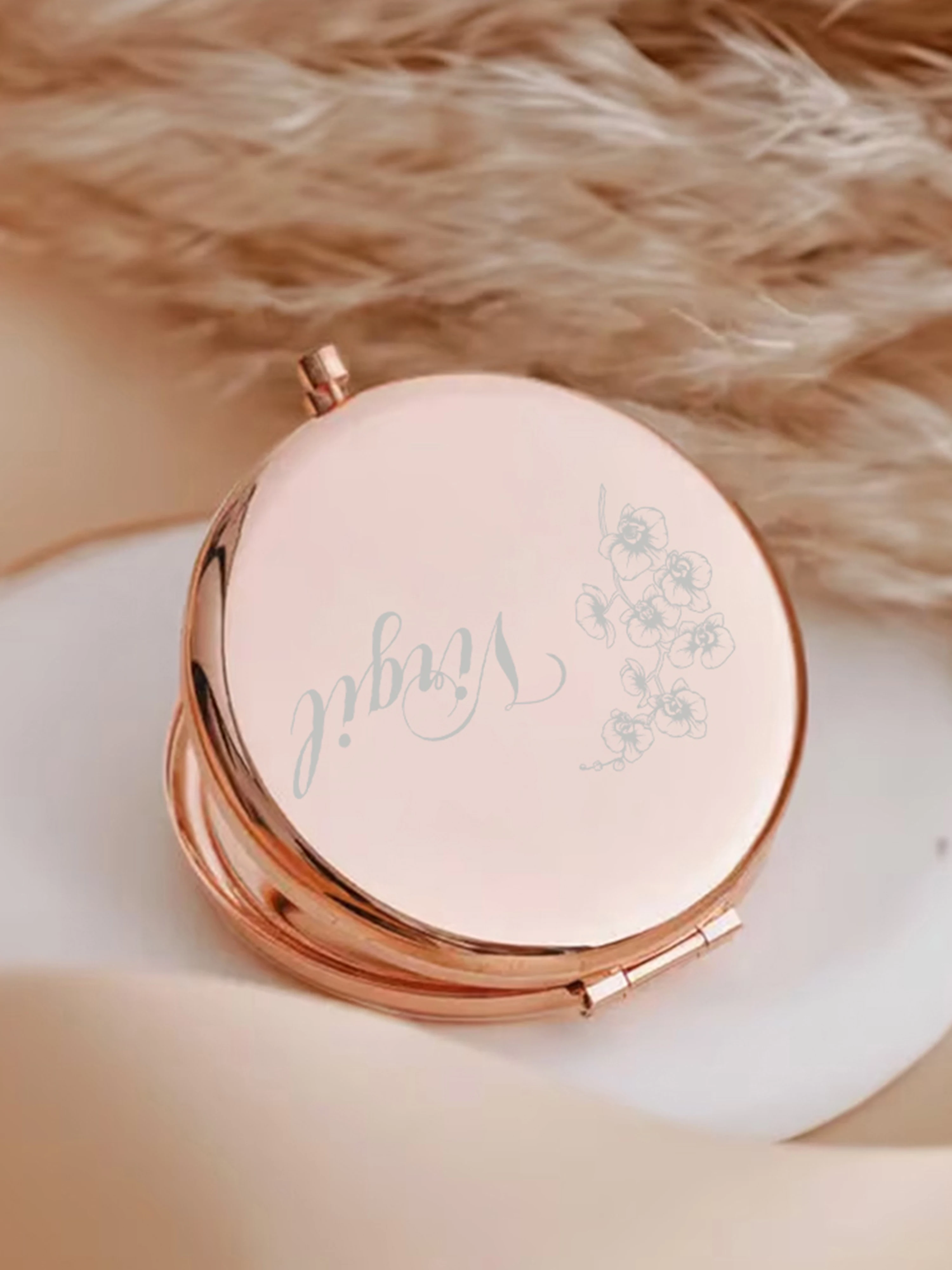 1pc Creative Phalaenopsis orchid Customized Text Pocket Mirror Makeup Mirror Round Circle Mirror Christening Souvenir
