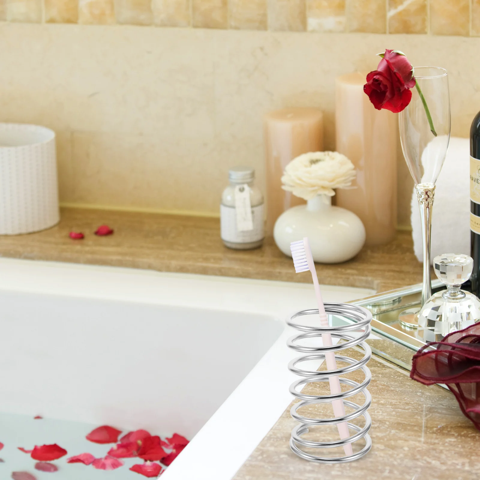 

Holder Stainless Steel, Spring Toothbrush Stand For Bathroom Countertop, Makeup Brush Storage Rack, Metal Organizer For