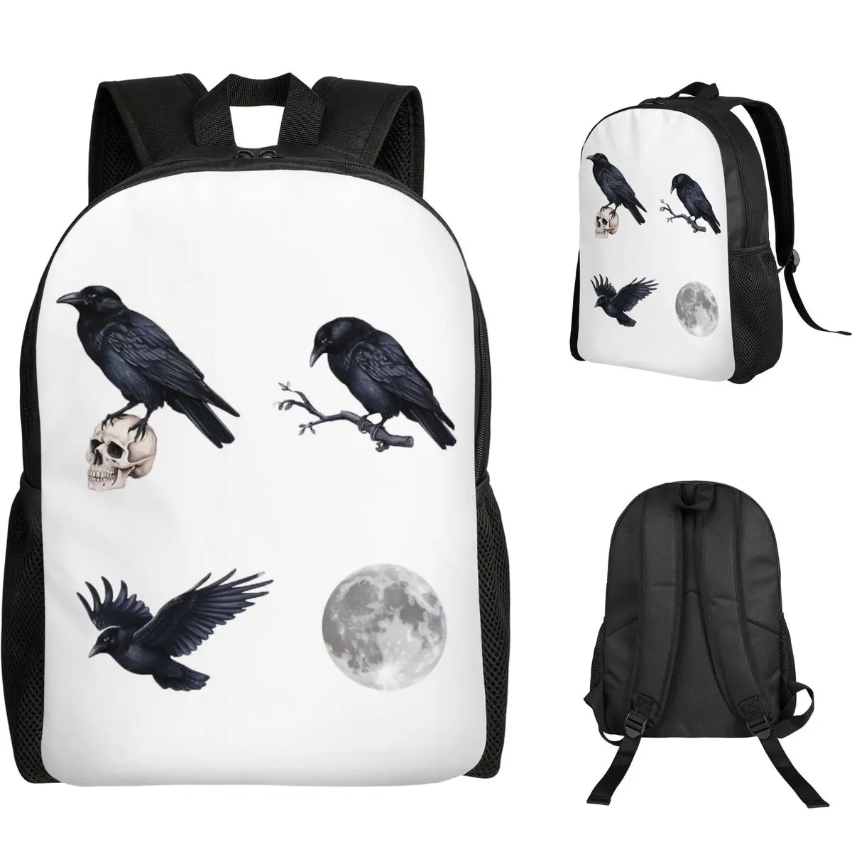 Trendy Black Raven Crow ,skull And Moon Pack Student Backpack School Bag Hiking Travel Daypack Fashion Bookbag Shoulder Bags