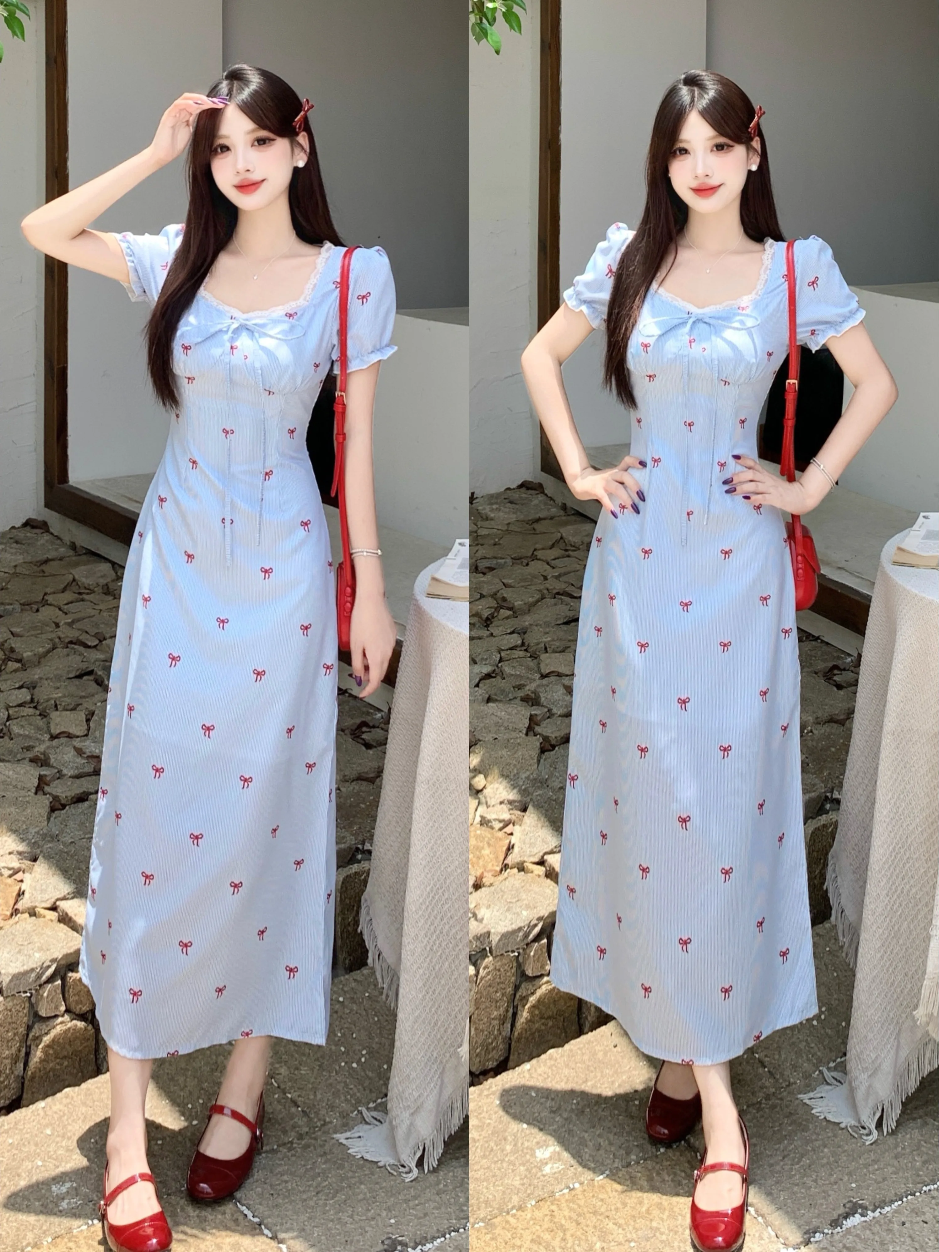 

Large Size French Sweet Striped Bubble Sleeve Dress Women's Summer Small Fresh Bow Dress Slim A-shaped Dress Bohemian Dresses