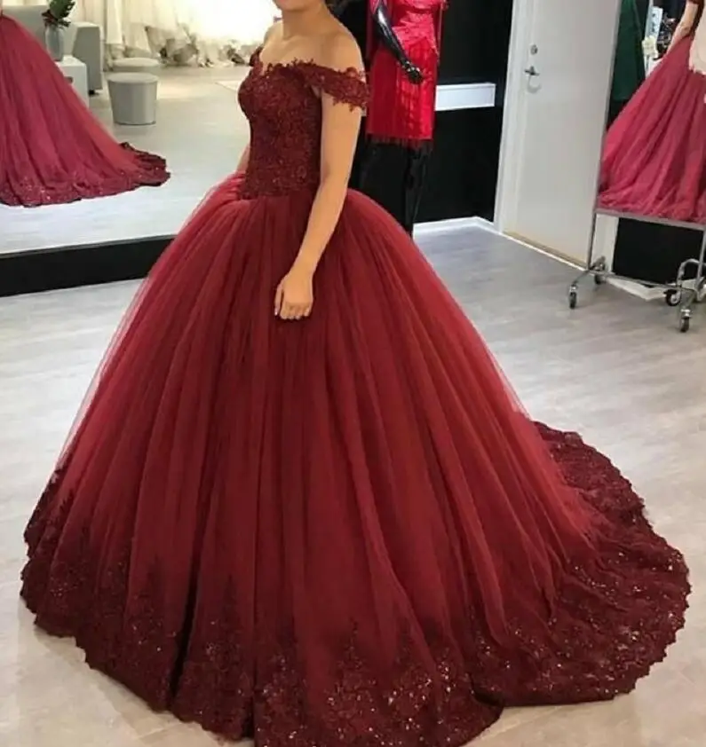 

ANGELSBRIDEP Custom Made Burgundy Ball Gown Formal Quinceanera Dresses Vestido De 15 Anos With Appliques Backless Off Shoulder