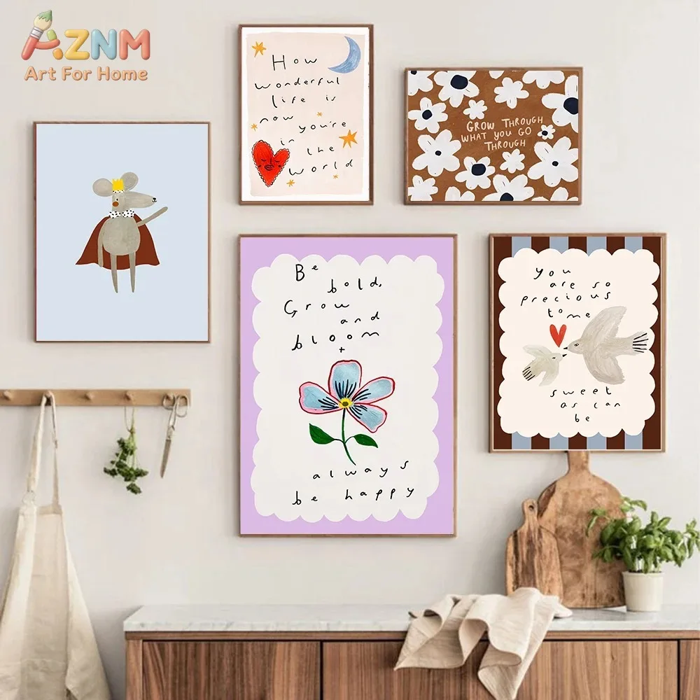 AZNM Cute Cartoon Animal Canvas Wall Art Panda Dalmatian Mouse Cherry Dove Quote Print Unframed Canvas Soft Neutral Kids Nursery