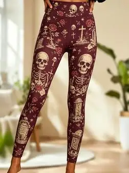 Women Mid‑Rise Fleece Lined Leggings, Halloween Skull Red Rose Flame Print Slim Elastic Party Trousers