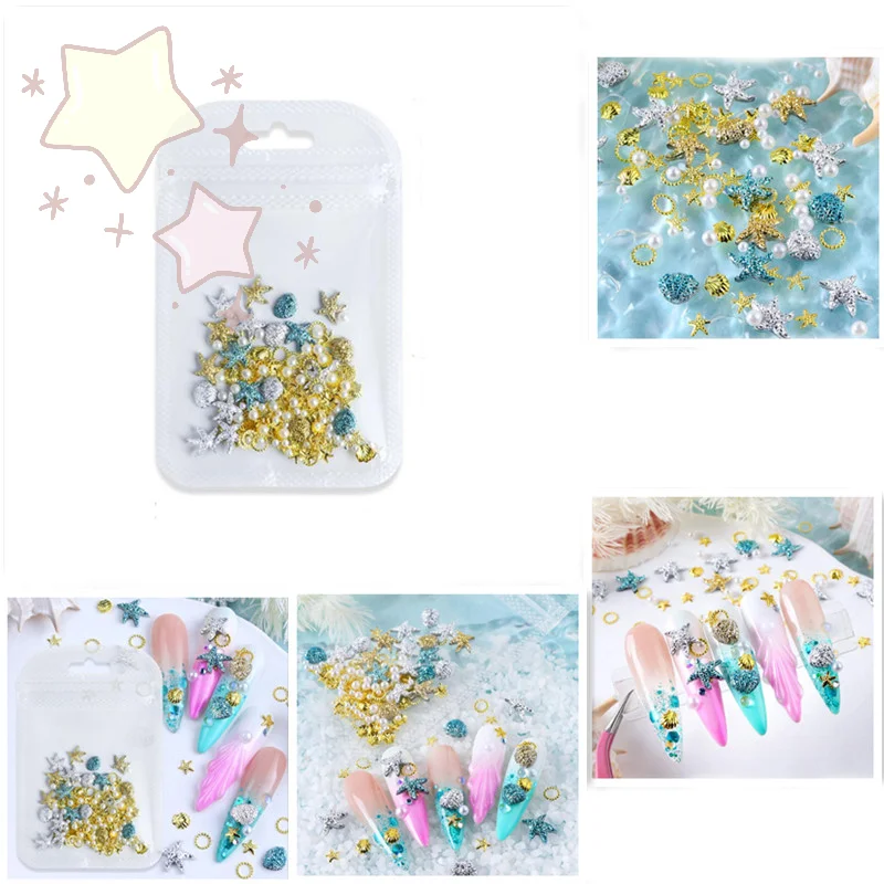Summer Ocean Nail Charms 3D Metal Resin With Pearls Decoration Gold Silver Blue Shell Starfish Rivet Jewelry Nail Art Accessorie