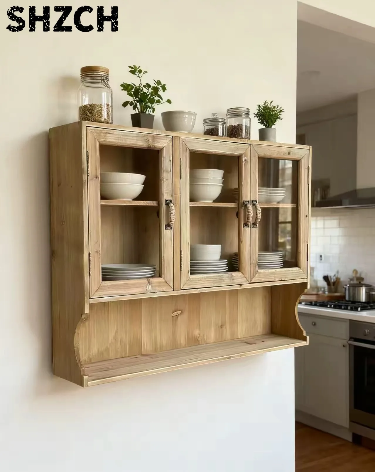 Rustic Wood Wall Cabinet with Glass Doors, Natural Wood Finish, 29.5x5.9x22.8 Inches, Farmhouse Style Kitchen Storage with 3 Com