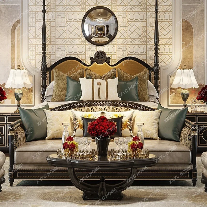 

Двуспальная кровать LX Country из массива дерева в стиле ретро, элитная, с мягким изголовьем, в стиле римских колонн, для главной спальни, свадебная кровать