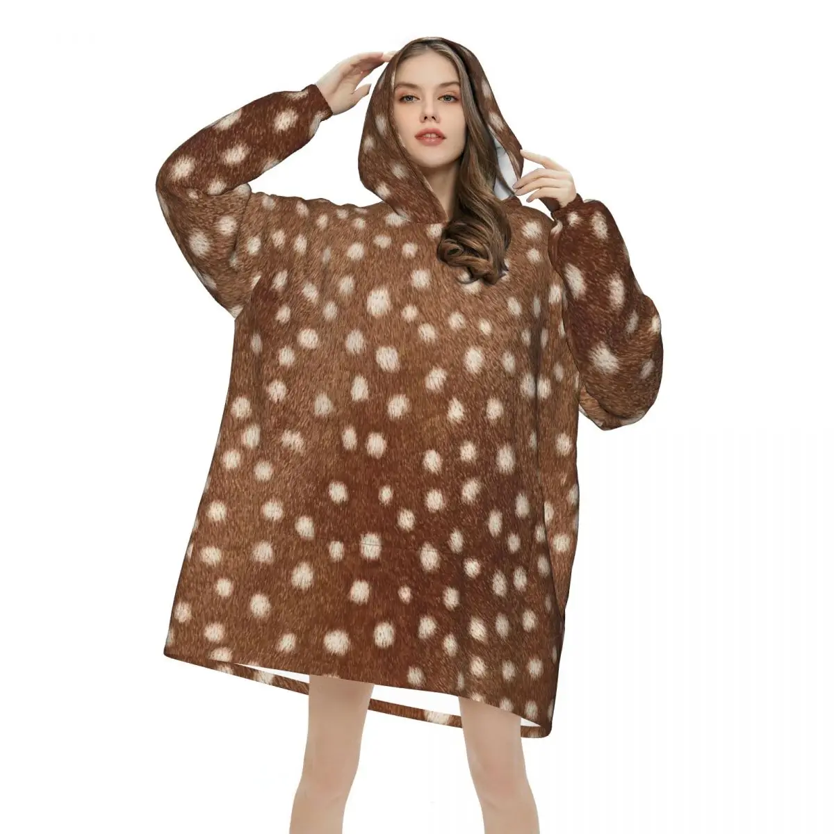 Brown Base Light Antelope Spot Blanket Hoodie Wearable Blanket Oversize with Pocket Warm Sleeping Bag Soft Cozy Onesie