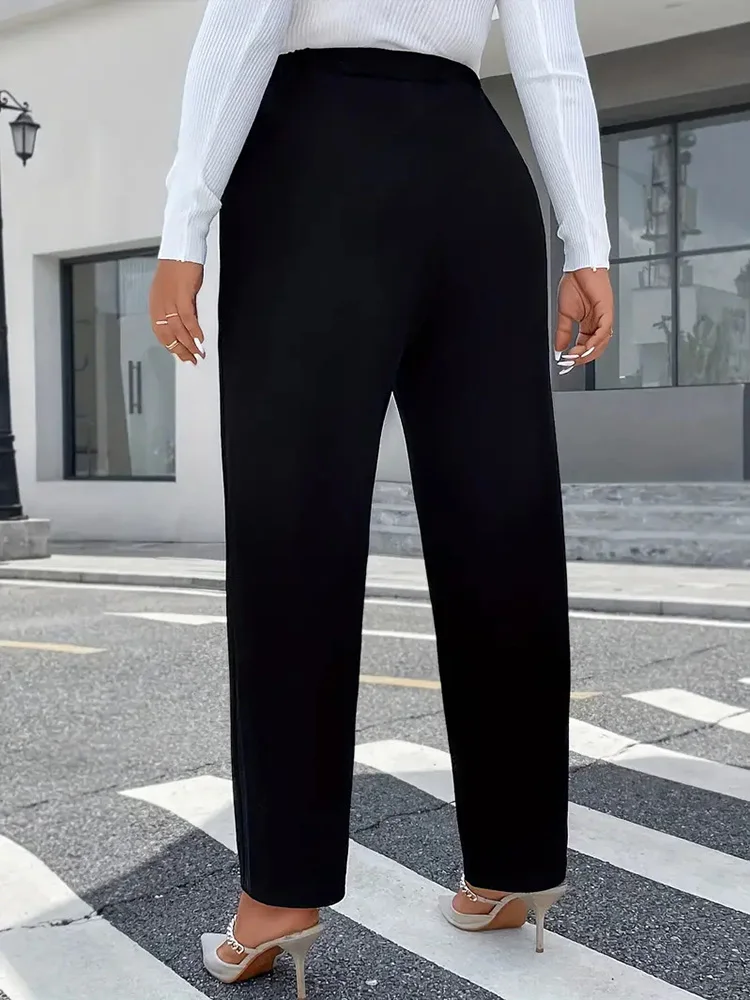 GIBSIE Plus Size Black Double Breasted Casual Pants Women's Spring Autumn High Waist Office Ladies Elegant Straight Trousers