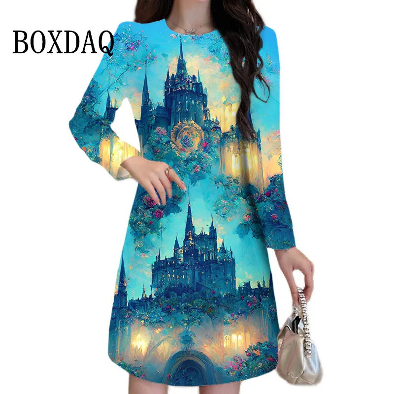 Gothic Style Retro Dream Castle Print Dress Women Fashion Elegant Long Sleeve Loose Dress Autumn Casual Mini Oversized Clothing