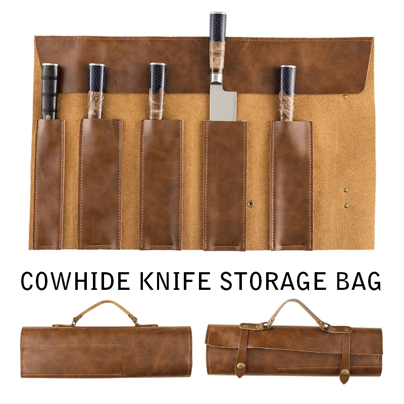 New Two-layer Cowhide Chef Knife Bag Portable Handle Waterproof Leather Knife Storage Roll Bag Kitchen Camping Knife Carry Case