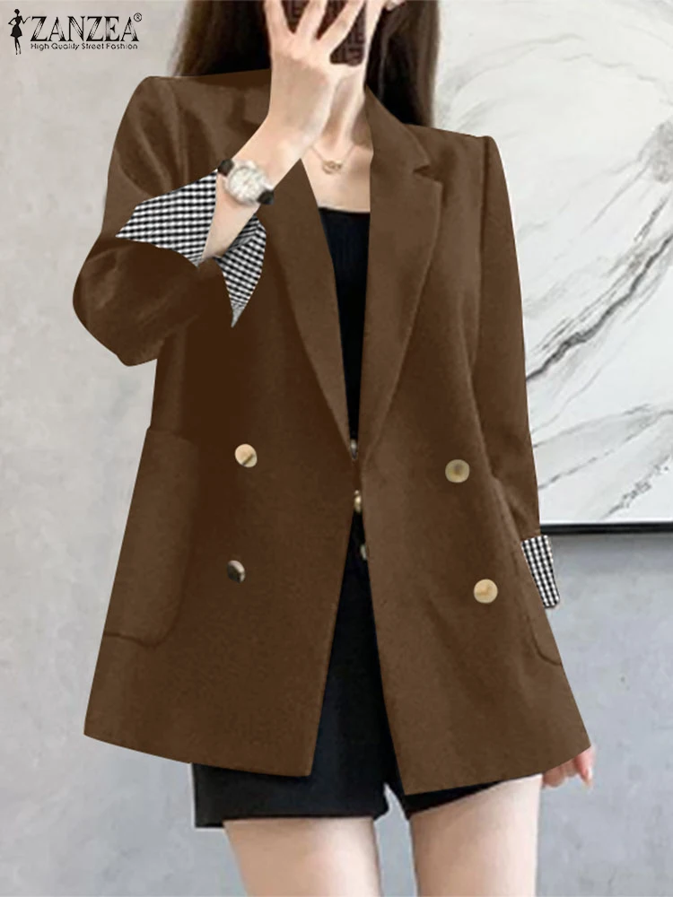 ZANZEA Elegant Lapel Collar Outwears Women Autumn Blazer Long Sleeve Plaid Patchwork Suit Double Breasted Pocket Commuting Coat