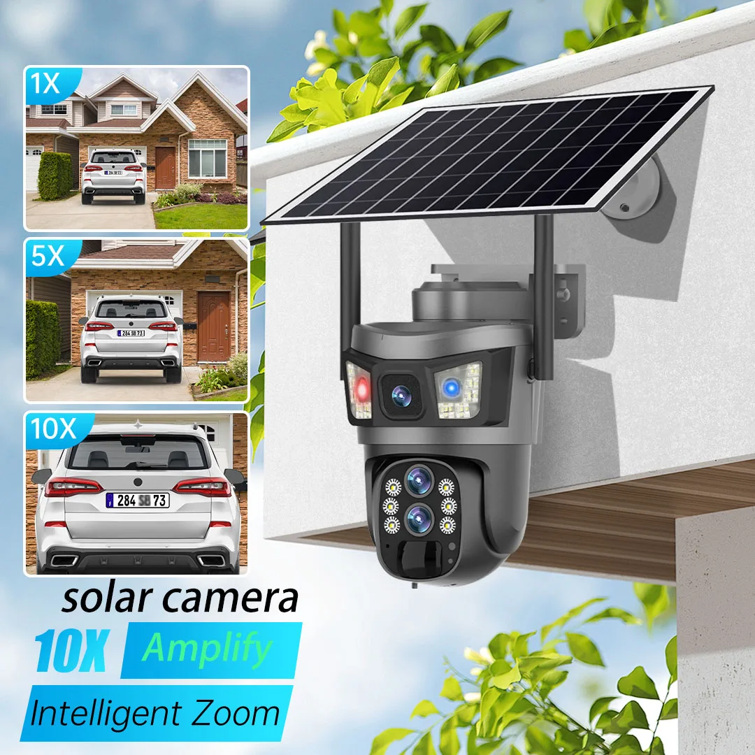 10X Zoom 4G Sim Solar Camera Outdoor 6K 12MP Three Lens Security Surveillance Camera 360 Human Auto Tracking Solar CCTV V380 Pro