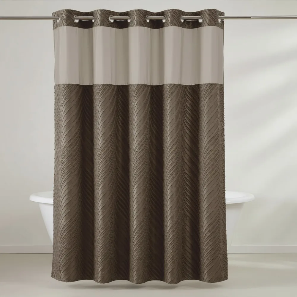 

No Hook Shower Curtain Set with Snap-On Liner, Boho Tufted Striped Design, See Through Window, Brown 71x74
