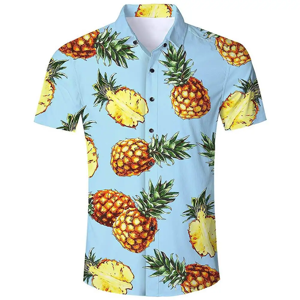 Camisas engraçadas masculinas de abacaxi, 3D Print, Blusa de praia, Camisas Masculinas de Lapela Vocacional, Roupas de Botão Havaiano