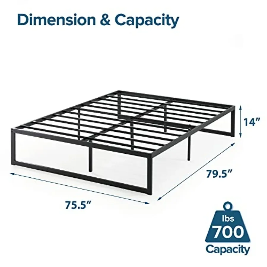 Metal platform bed frame for bedroom use, steel construction, black finish, no box spring needed with steel slat support and ea