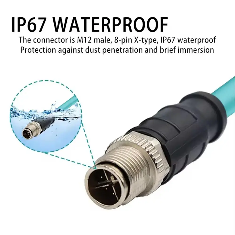 Industrial Ethernet Cable M12 X-Code 8 Pin Male to RJ45 Male Cat6 High Flex PVC Green 1m for Machine Vision Camera