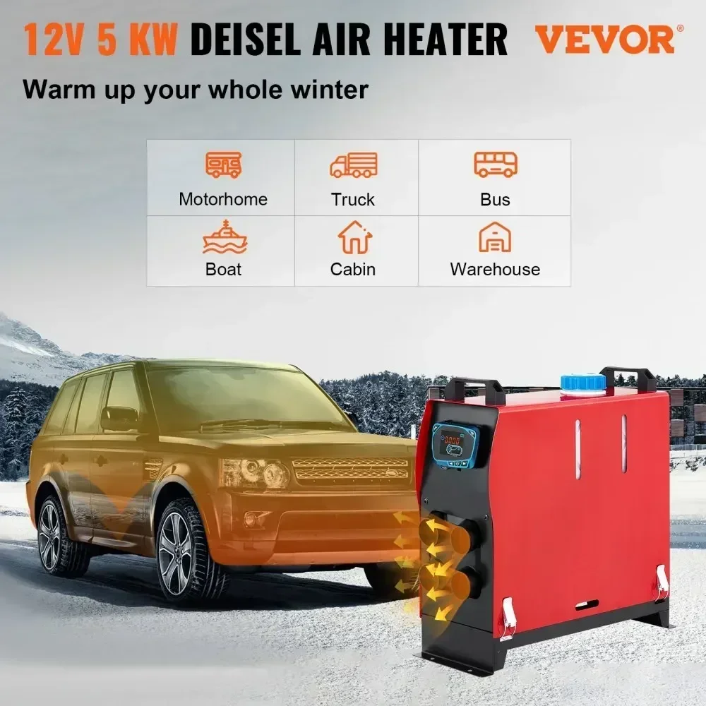 VEVOR 5kw Diesel Air Heater 12V Parking Heater Diesel 4 Holes for Caravan RV and Bus Blue LCD Monitor and Silencer