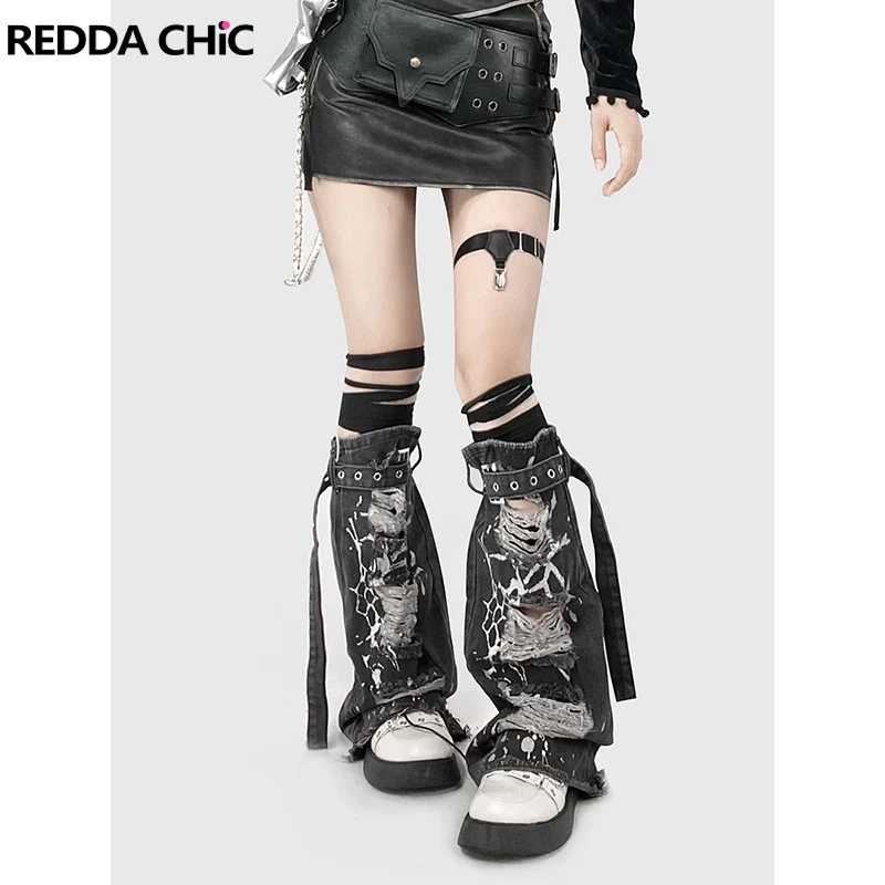 ReddaChic Glitter Silver Foil Denim Leg Warmers Women Goth Punk Overdyed Black Destroyed Boots Cover Harajuku Y2k Streetwear