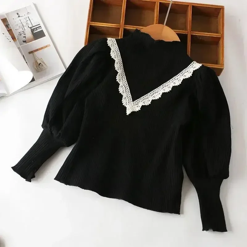 Kids Girls Puff Sleeve T-shirts Turtleneck Full Slevee Black White Tops 2024 New Children Princess Autumn Cotton Undershirts