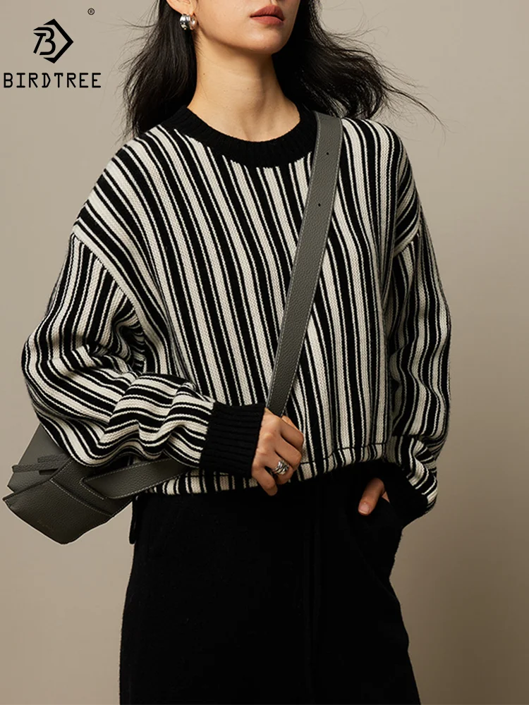 

BirdTree, Basolan Wool Elegant Sweaters, Women O Neck Striped, Casual Fashion Loose Knit Sweater, 2024 Autumn Winter T47006QM