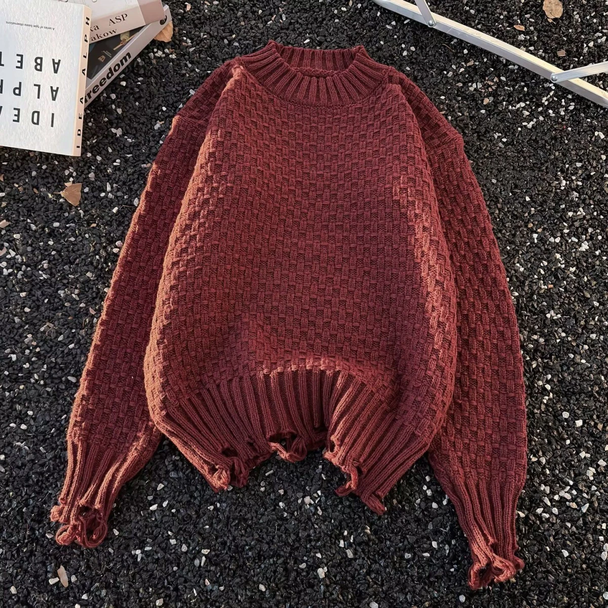 Suéter de Cuello Redondo con Diseño Desgastado Estilo Americano, Hoado e Informal para Hombre, Marca de Moda, Ropa de Pareja