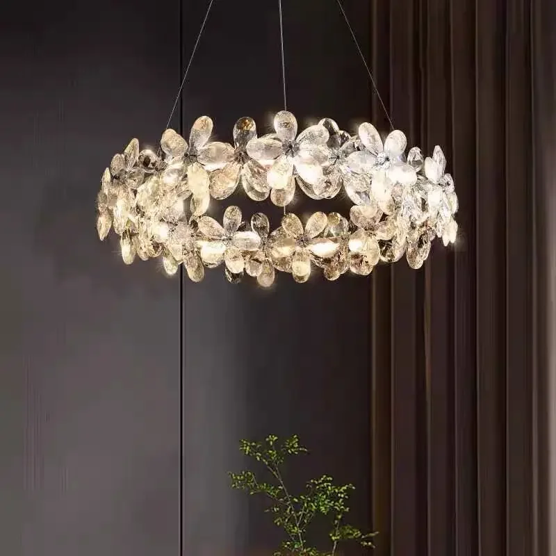 

French Crystal Flower Pendant Light Crystal Ceiling Lamp for Hotel Restaurant Bedroom Living Room Decor Round Hanging Chandelier