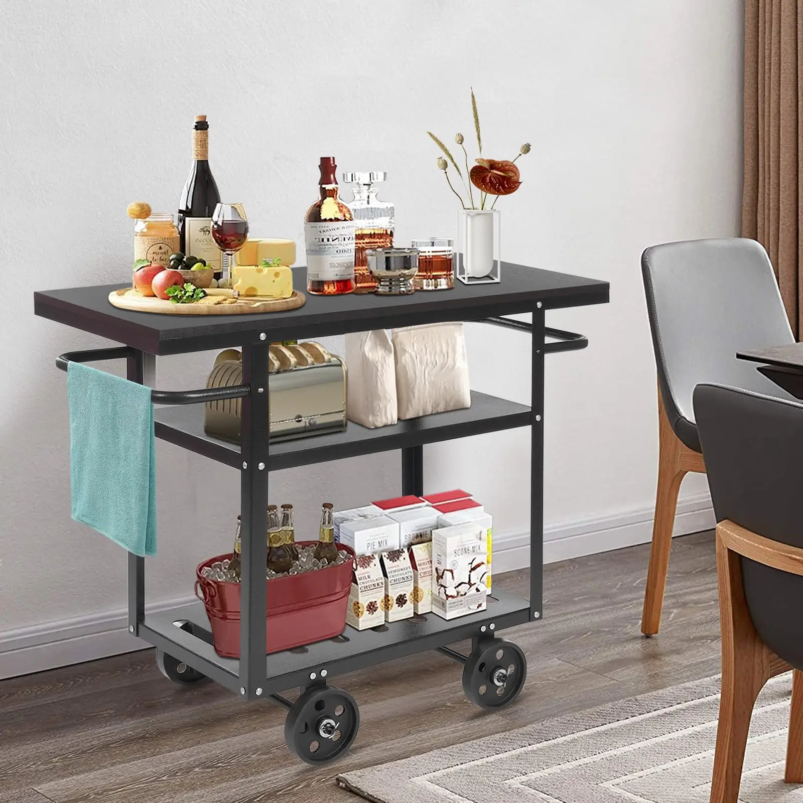 3-х уровневая винтажная тележка на колесиках, промышленная мобильная сервировочная тележка, кофейная станция с ручкой (черный)
