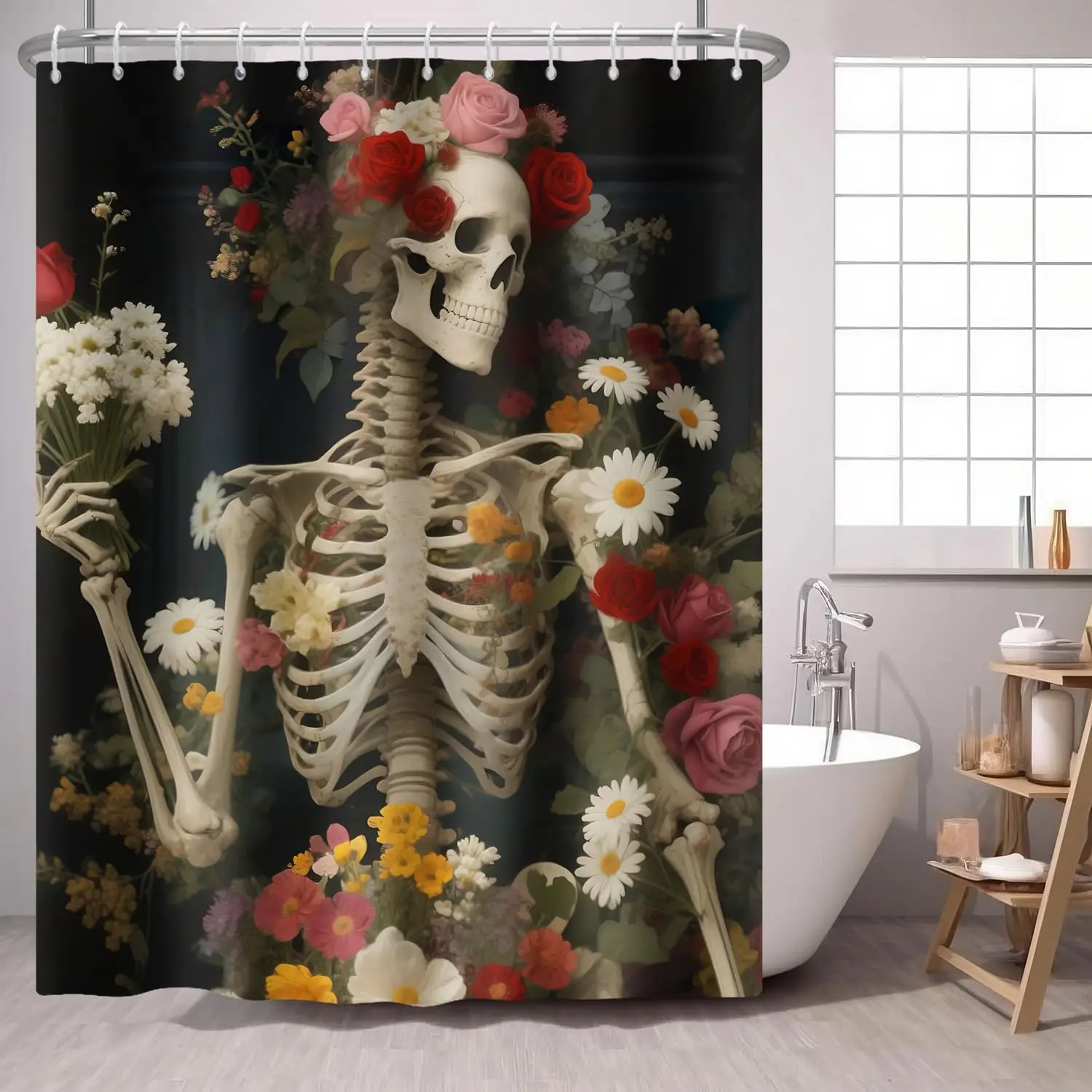 

Занавеска для душа с черепом и цветком, готический череп, красочная цветочная тема Хэллоуина, роза, скелет, ромашка, черная, красная ткань, занавески для душа Ba