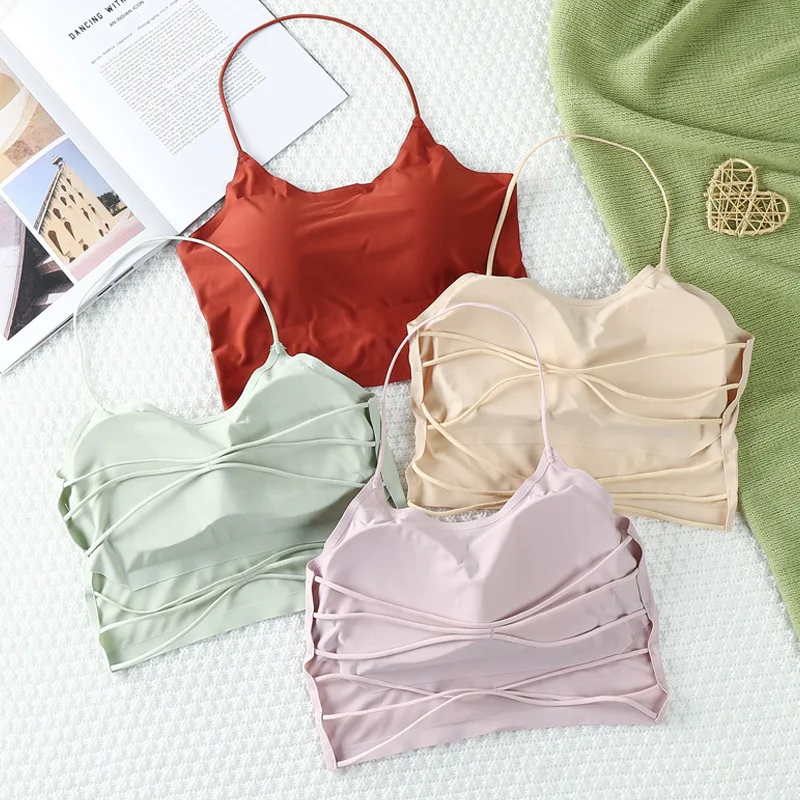 Women Halter Bra Bralette Padded Elastic Ice Silk Brassiere Wireless Cross Backless Sleeveless Top Female Underwear