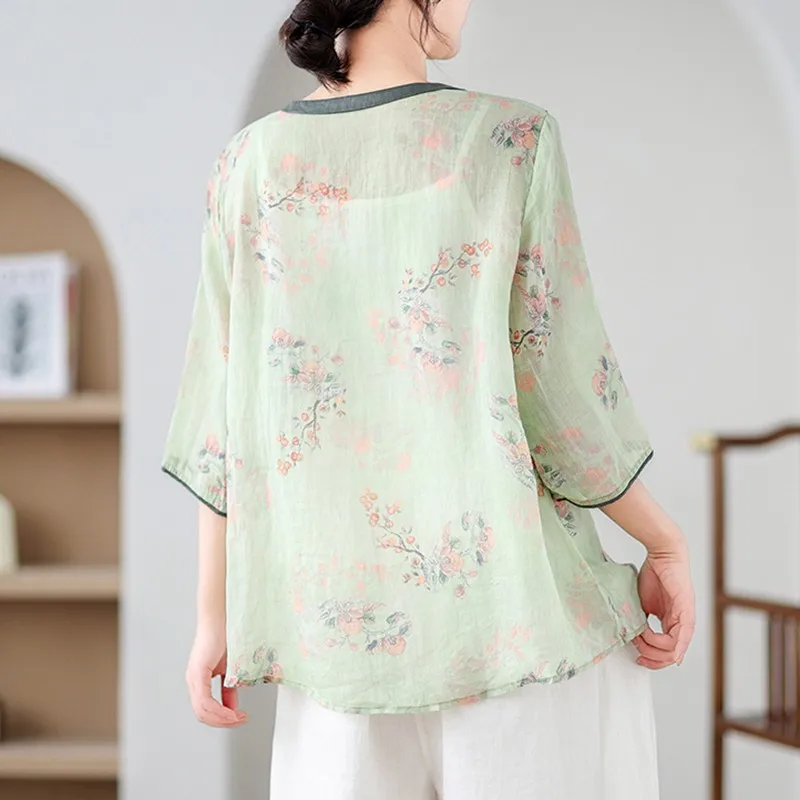 Women Casual Blouse Shirt New Arrival 2024 Summer Chinese Style Vintage Floral Print Loose Female Tops Shirts W1824