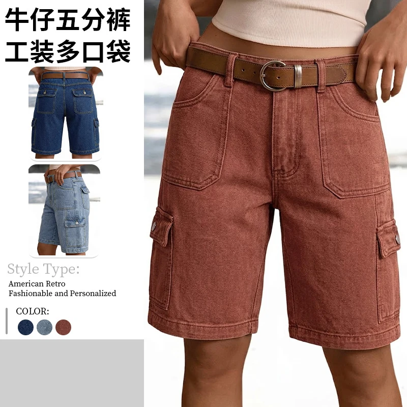 

Retro Washed High-Waisted Straight Leg Cropped Denim Shorts for Women with Multi Pockets Versatile Workwear 2026