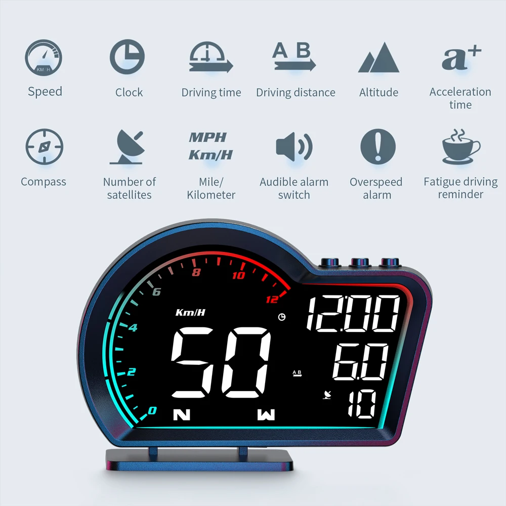 Plug & Play Automatic Light Sensing HD LED Car Head-up Display GPS HUD Speed/Distance/ Clock/Compass & Fatigue+Overspeed Alarms