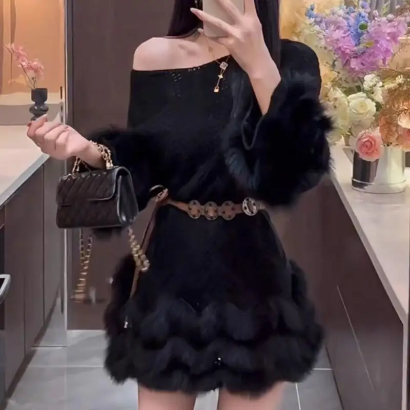 2025秋冬新作 韓国風 レディース 斜め肩スタイル ウェスタンニットセーター ファッション 優しいスタイル プラッシュカフス ドレスセーター