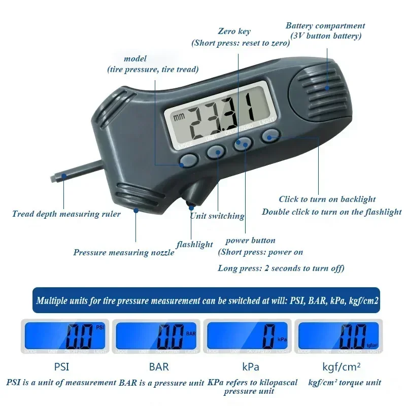 Portable 3 In 1 Digital Tyre Tool Pressure Tread Depth Gauge Car Tire Pressure Gauge Monitoring Tool With  LCD Display