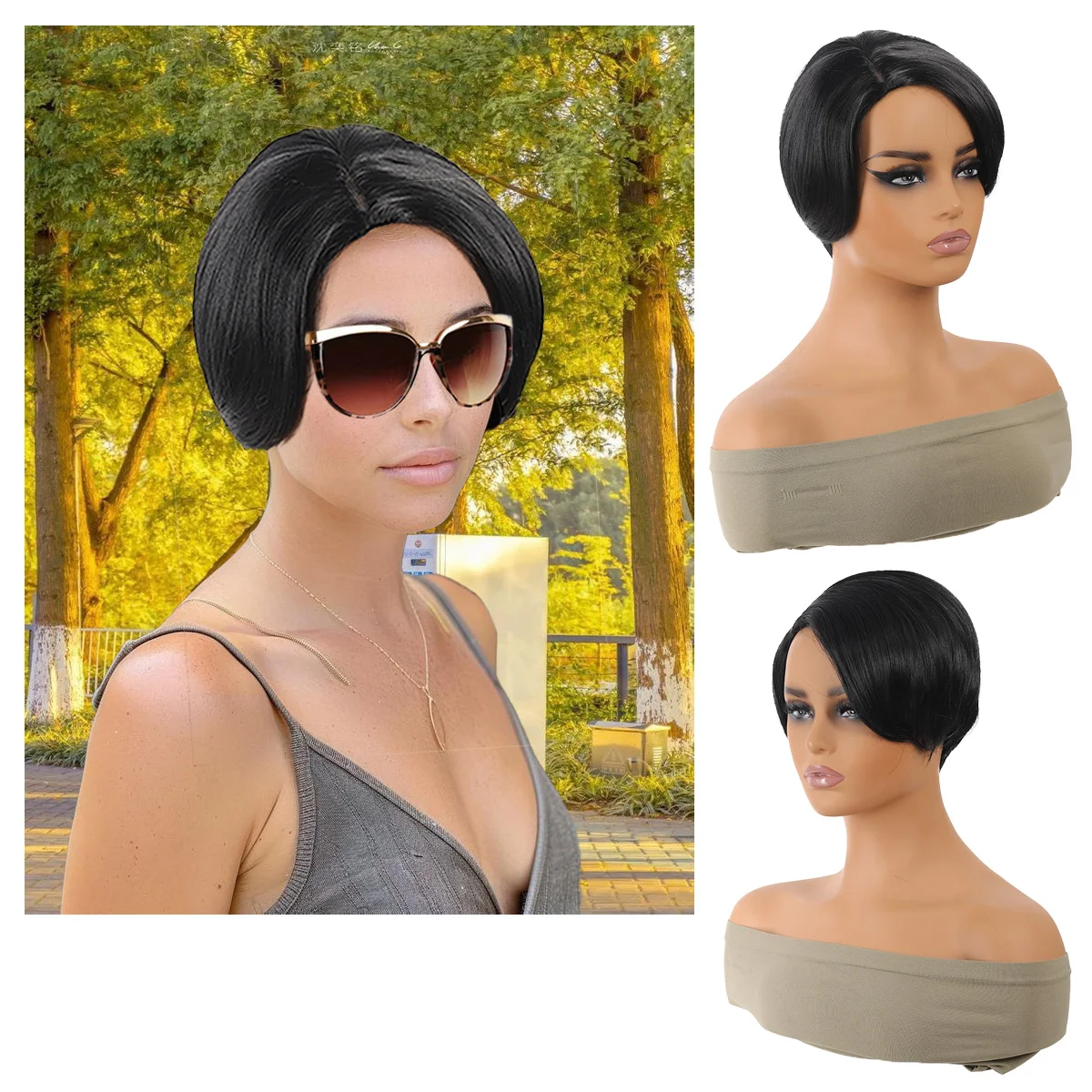 Synthetic women's short hair straight hair headband, summer not stuffy, high temperature fiber, realistic style women's wig