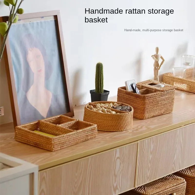 Hand-woven Wicker Desktop Storage Basket Portable Four-compartment Storage Fruit Basket Household Storage Basket Home Decoration