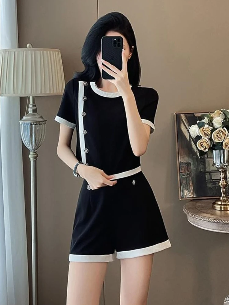 Conjuntos curtos casuais de cor contrastante para mulheres, 2 peças, kit de alfaiataria, roupa clássica, promoção, novo em shorts femininos combinando