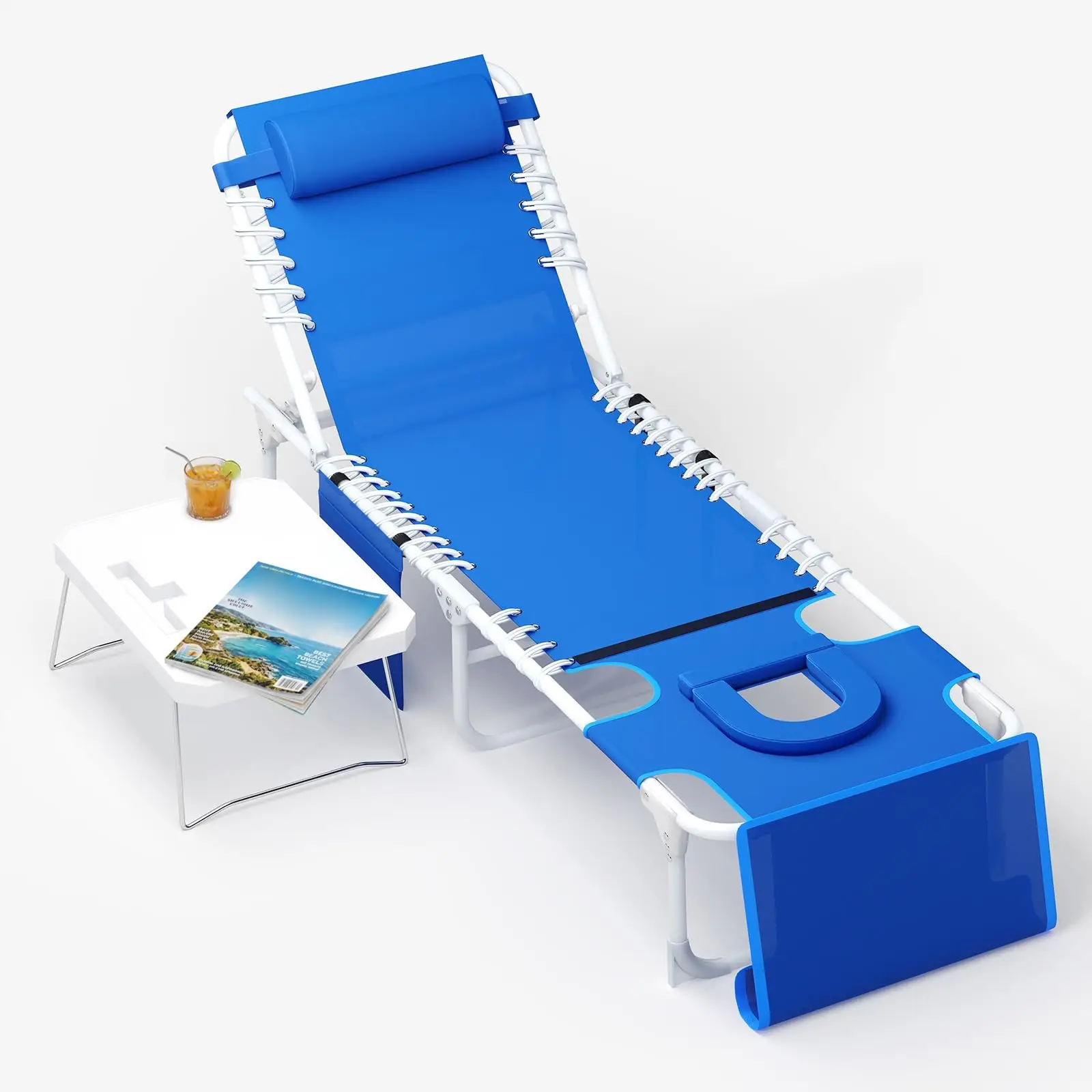 Tanning Chair With Face Hole 3-in-1 Beach Lounge Chair, 5-Position Reclining Outdoor Chaise With Table For Pool Patio Garden Deck