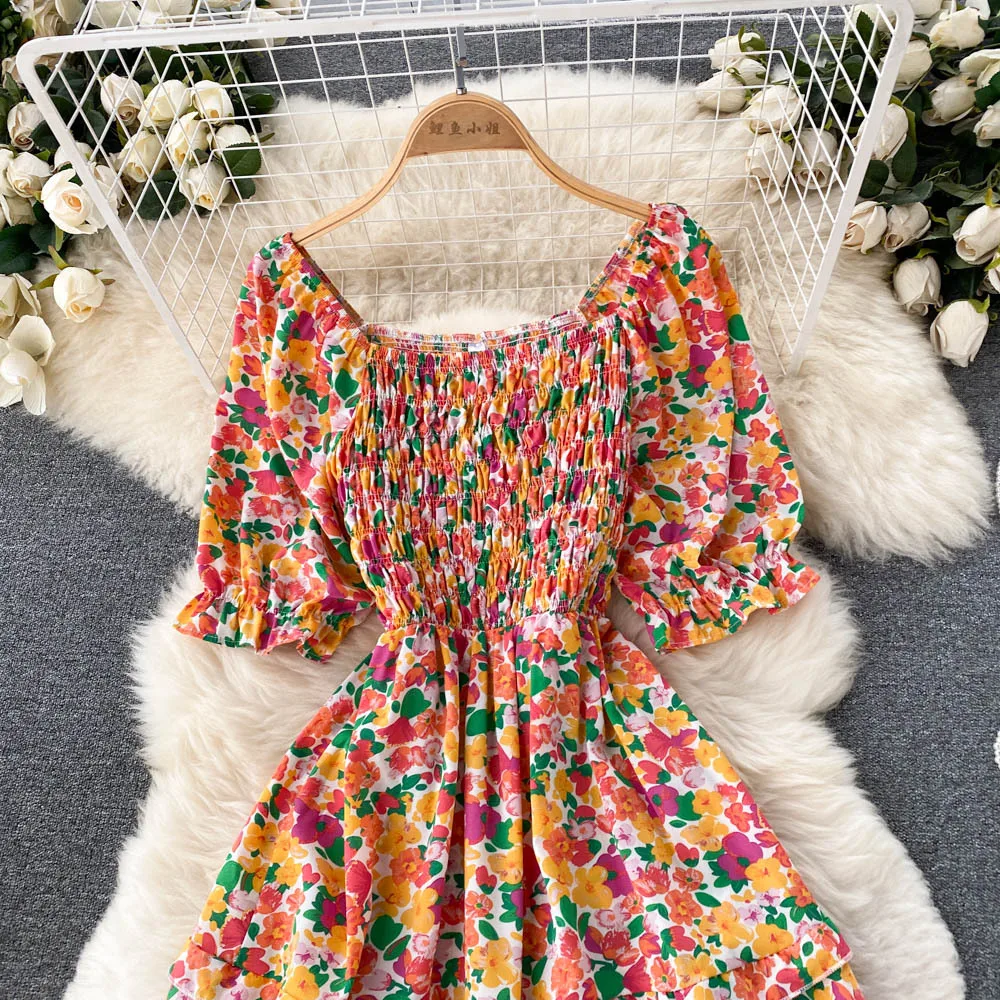 YuooMuoo-vestido largo estampado con cintura elástica para mujer, con abertura en forma de A prenda de vestir, manga abombada, Estilo Vintage, ropa de playa para verano